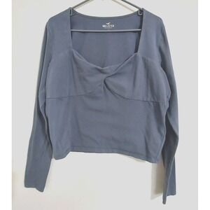 Hollister Crop Top XL Blue Gray Square Neck Long Sleeve Stretch Y2K Babydoll
